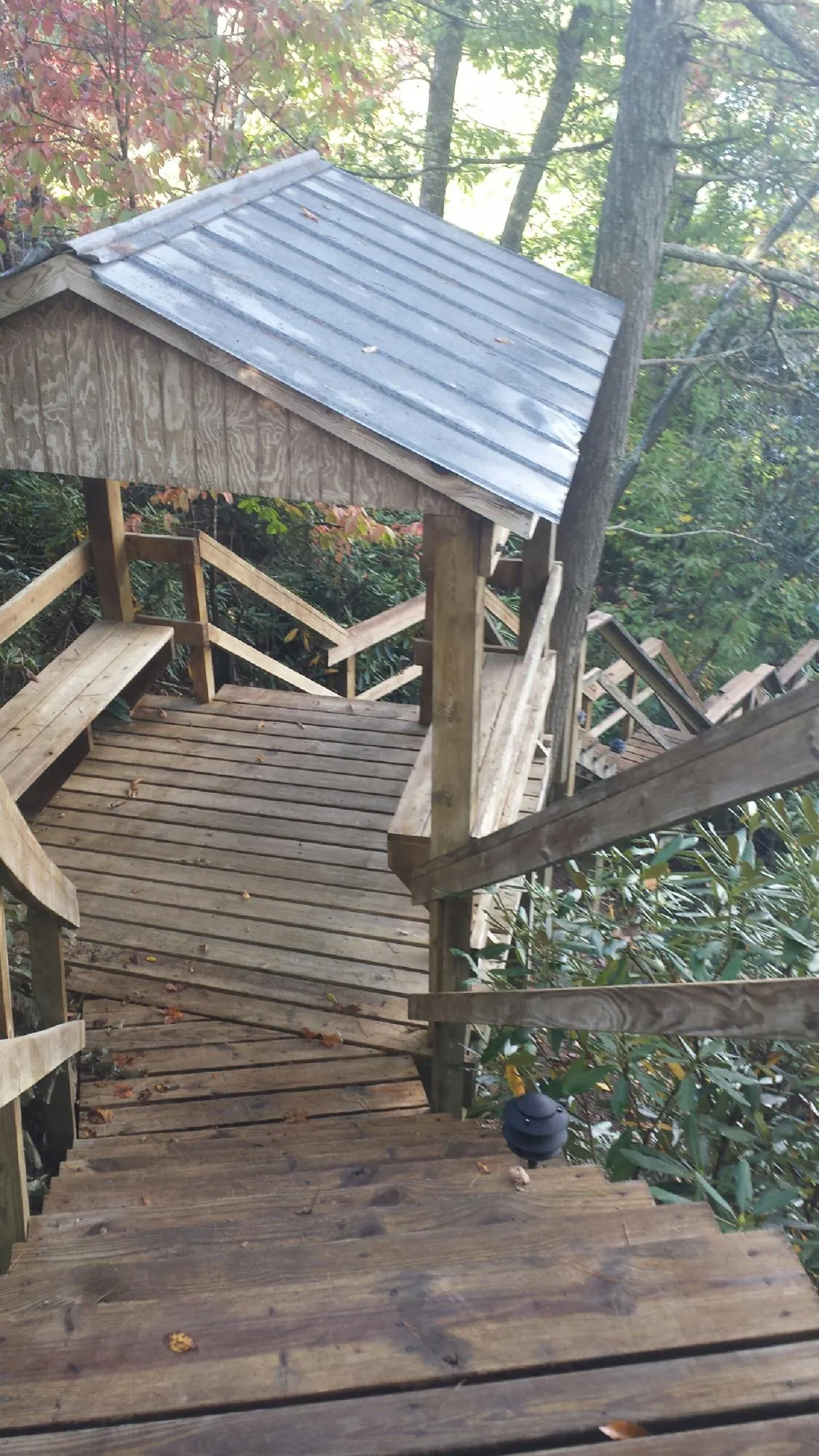 Metal roofed shelter over wooden steps on a wooded walkway — Skylight Repair & Installation work by our crew in North Wales
